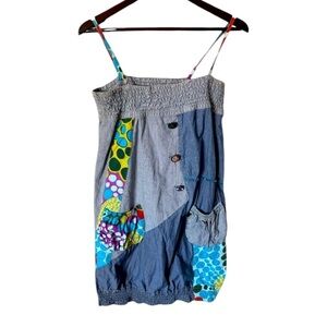 Unique Desigual patchwork blue cute summer cotton dress size M bomber style